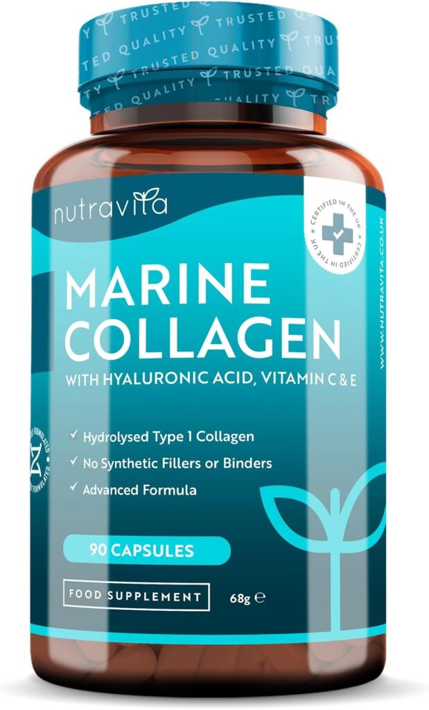Collagene Marino con Acido Ialuronico - Premium Collagene Marino Idrolizzato con Vitamina C E e Zinco - 1000 mg di Collagene per dose - 90 Capsule - Prodotto nel Regno Unito da Nutravita