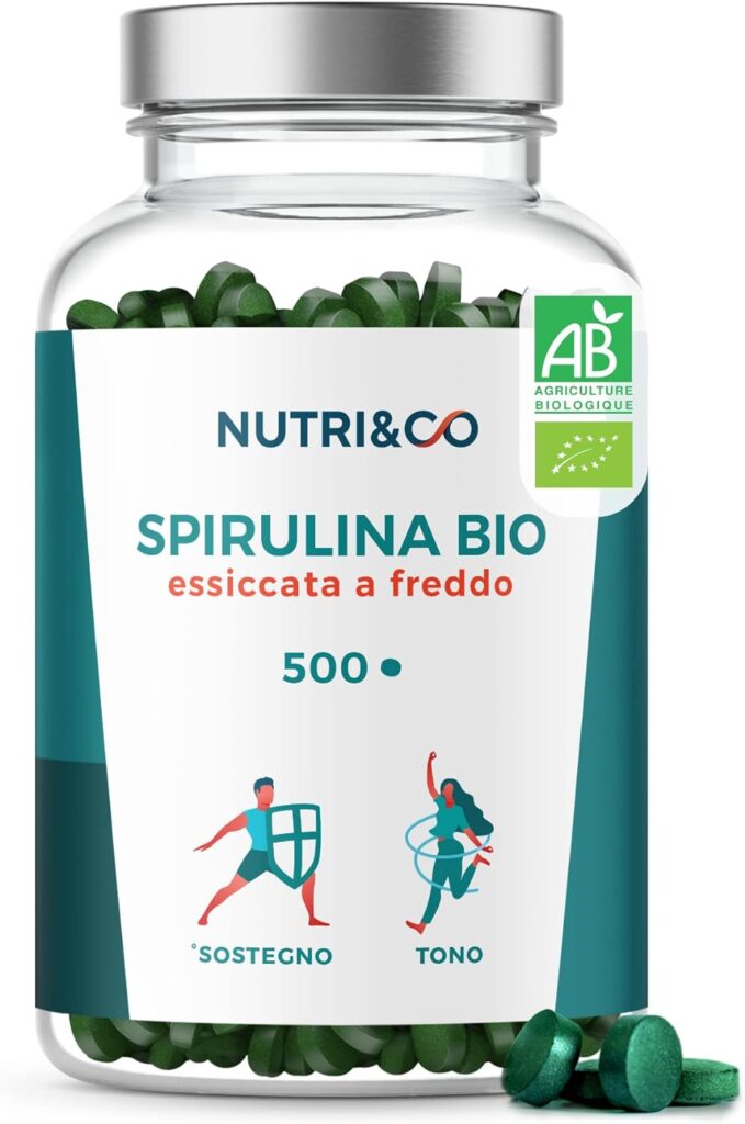 Spirulina Biologica | 500 Compresse Bio da 500 mg Pure Senza Eccipienti | 15 a 19% di Ficocianina | Polvere Essiccata e Compressa a Freddo | Analizzata