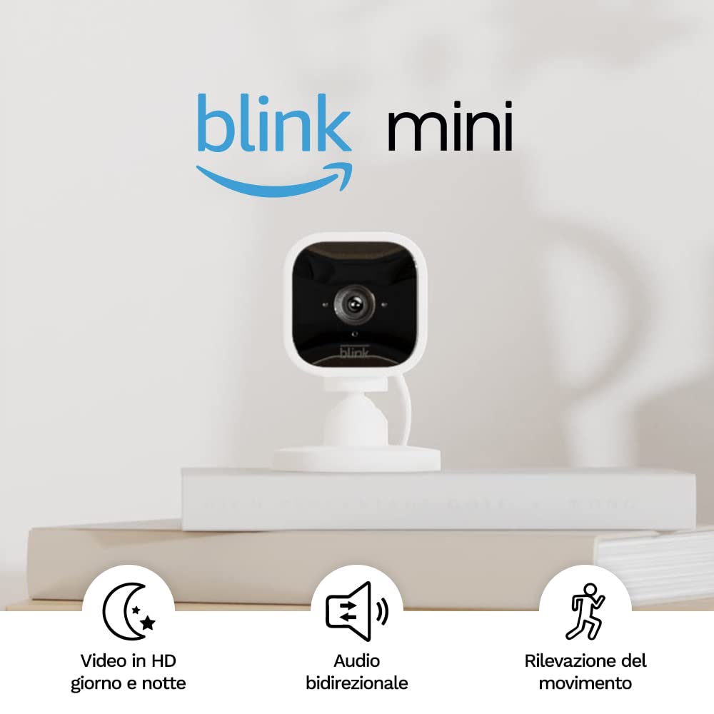 Blink Mini - Videocamera di sicurezza intelligente per interni plug-in video HD 1080p rilevazione di movimento audio bidirezionale config semplice compatibile con Alexa | 1 videocamera Bianco
