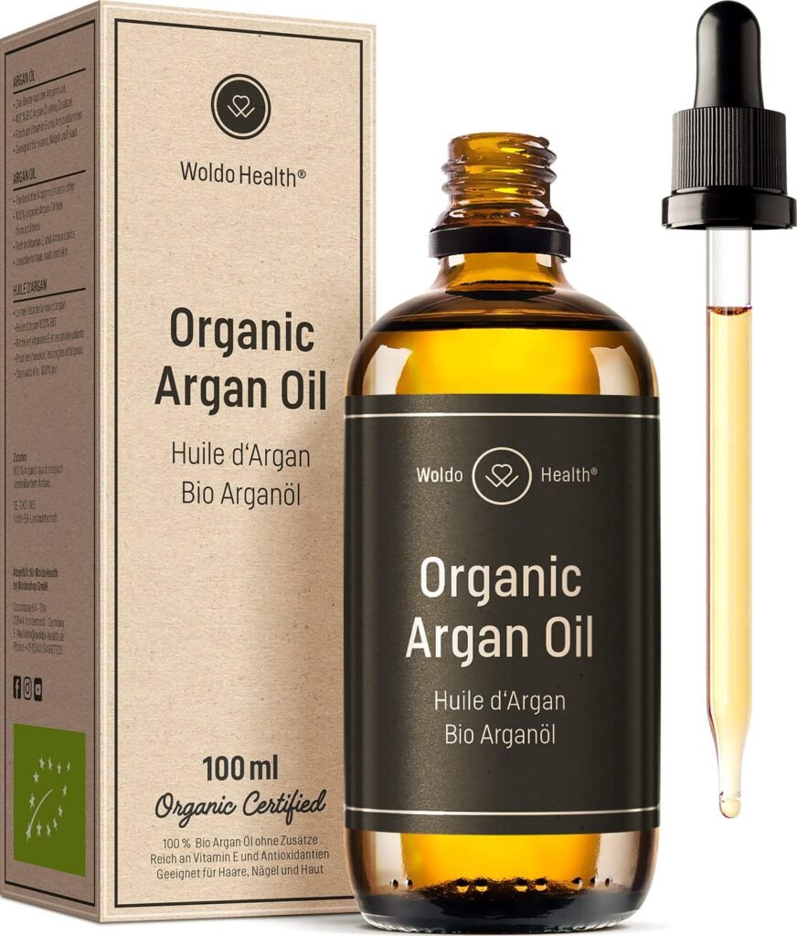 Olio di Argan puro 100% pressato a freddo biologico - Ricco di Vitamina E e Antiossidanti Adatto per Capelli, Corpo e Unghie, Pelle 100ml