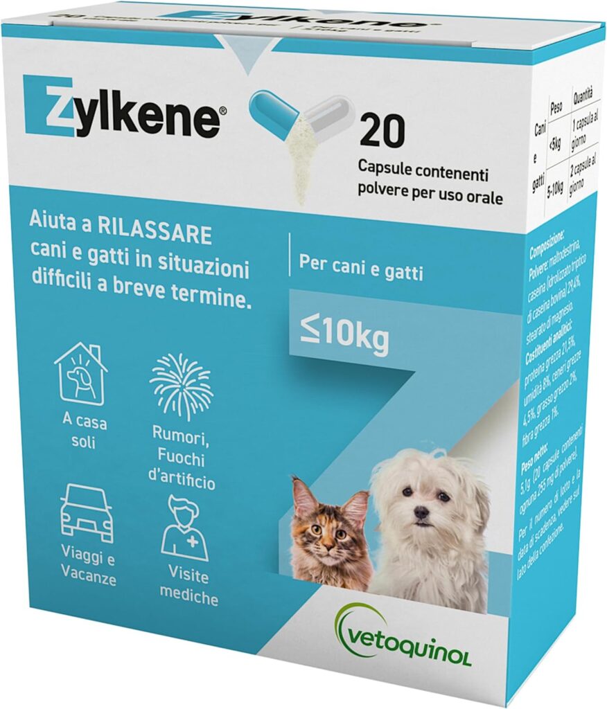 Zylkene Mangime Complementare | Fino a 10 Kg | Calmanti per cani | Calmante per gatti | 20 capsule da 75 mg​