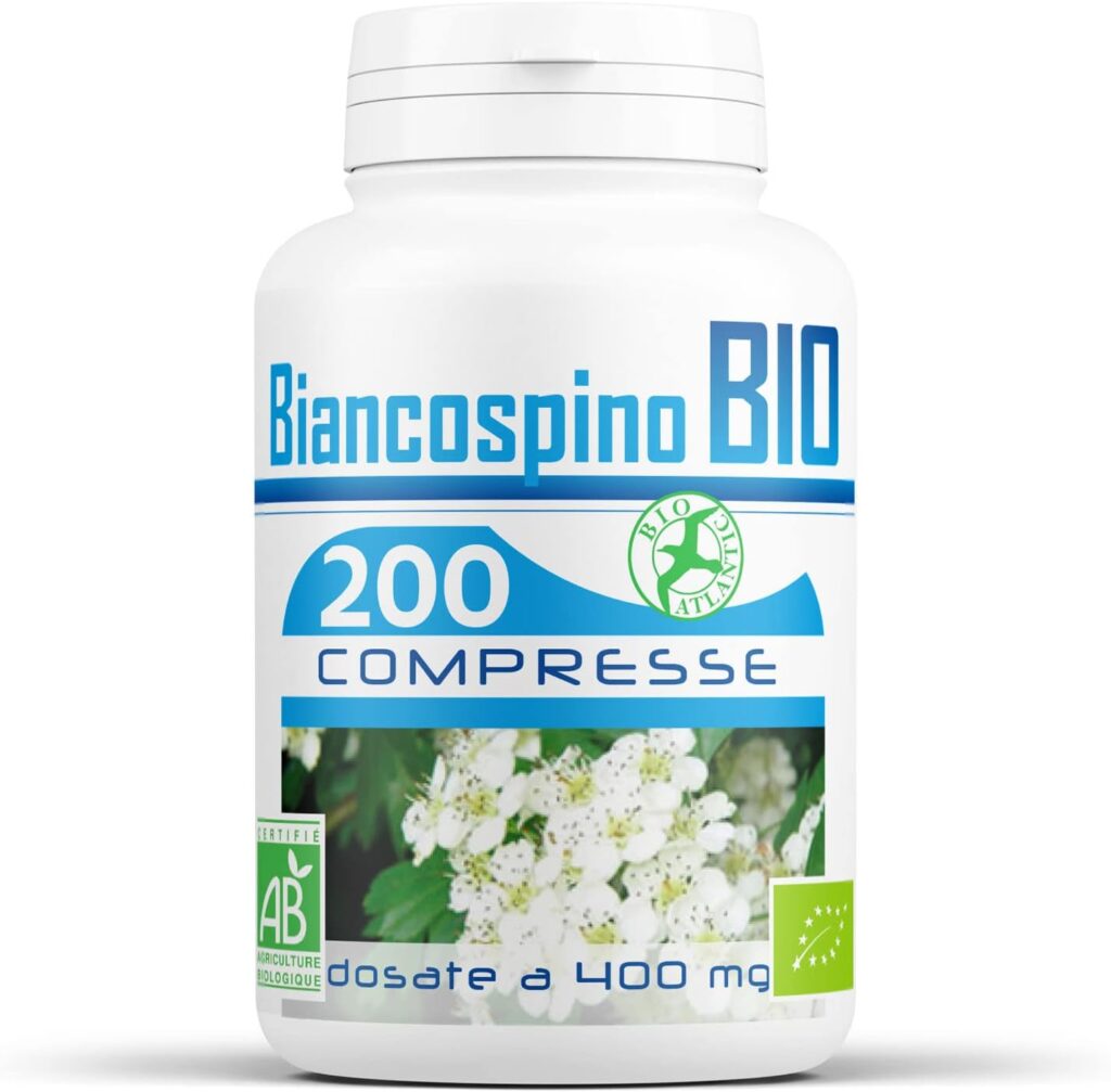 Biancospino Bio 400mg - 200 compresse Ingredienti - Polvere di Biancospino sommità fiorite- 1200mg Agente di carica - Carbonato de magnesio