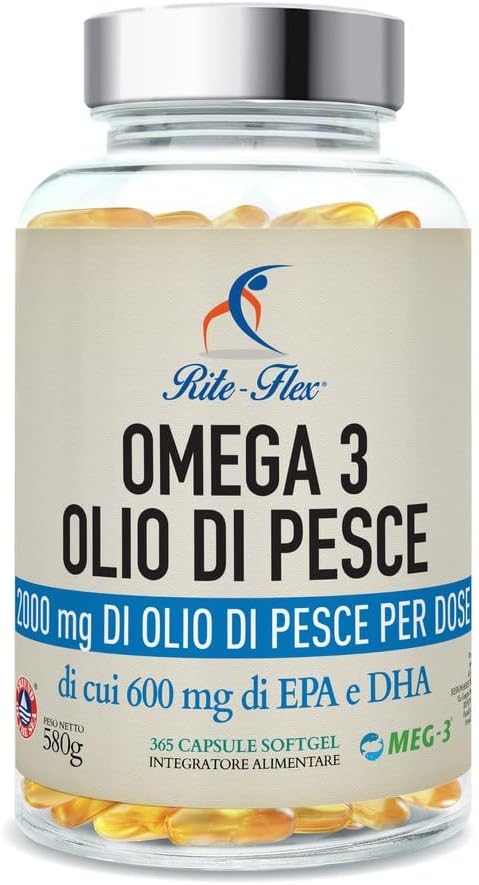 Rite-Flex | Olio di Pesce Omega 3 2000mg | Integratore Alimentare di 600mg EPA e DHA 365 Capsule Softgel